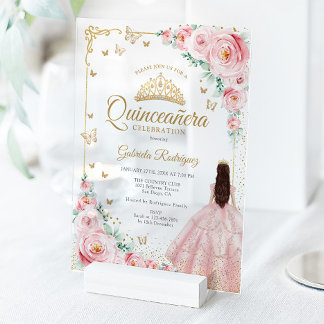 Rosa Wasserfarben-Rosen Goldene Quinceanera Acryleinladungen