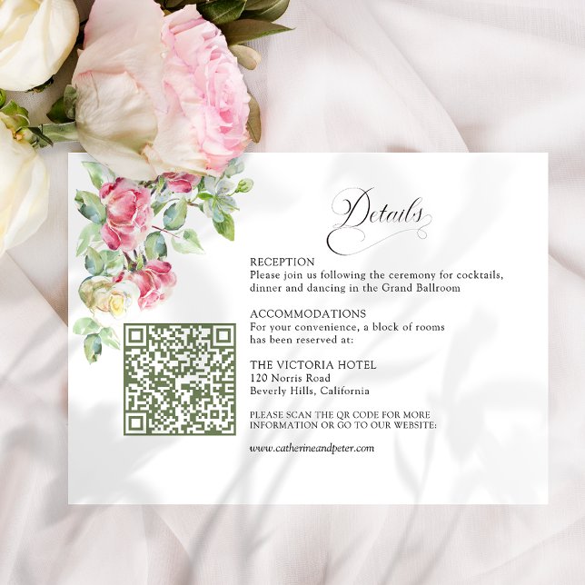 Rosa Wasserfarben-Rosen Hochzeit QR-Code Begleitkarte (Von Creator hochgeladen)
