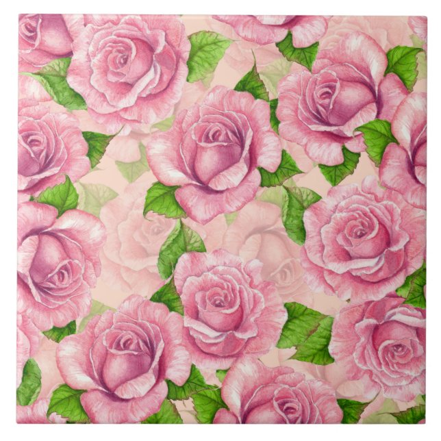 Rosa Wasserfarben-Rosenmuster Fliese (Vorderseite)