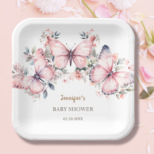 Rosa Wasserfarben-Schmetterlings-Mädchen-Baby-Part Pappteller