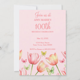Rosa Wasserfarben-Tulpen 100. Geburtstagsfeier  Einladung