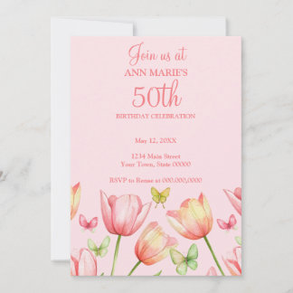 Rosa Wasserfarben-Tulpen 50. Geburtstagsfeier Einladung