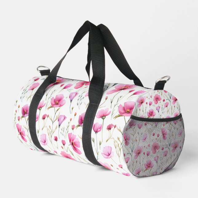 Rosa Wasserfarben-Wildblume Duffle Bag (Rechte Ecke)