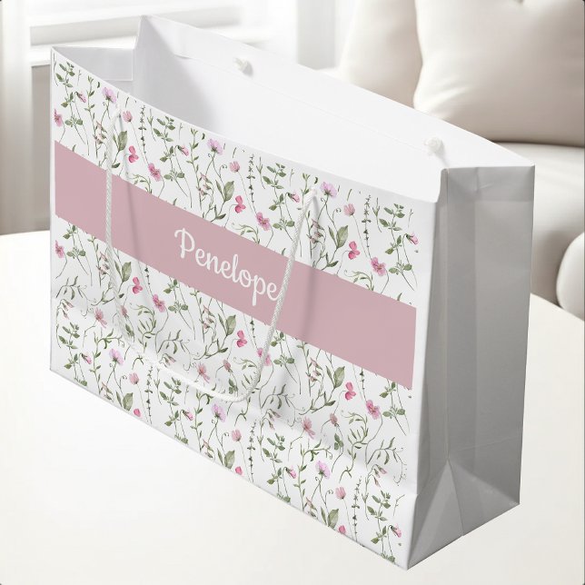 Rosa Wasserfarben-Wildblumen-Monogramm-Name Große Geschenktüte (Von Creator hochgeladen)