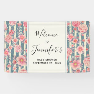 Rosa Wasserfarbenblumen auf Streifen Baby Shower Banner