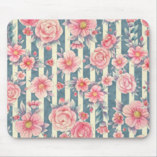 Rosa Wasserfarbenblumen auf Streifen Mousepad