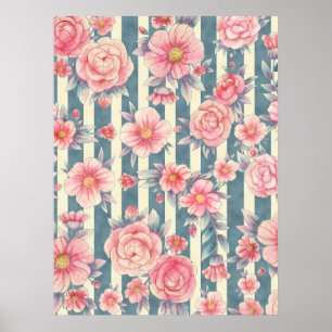Rosa Wasserfarbenblumen auf Streifen Poster