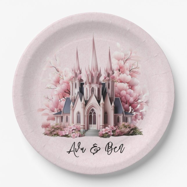 Rosa Wasserfarbenkirche Hochzeit Pappteller (Vorderseite)