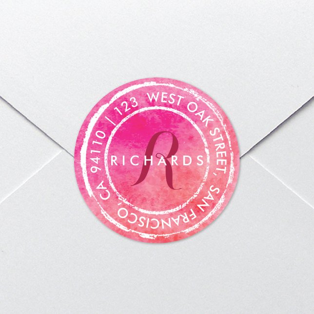 Rosa Wasserfarbenmonogramm | Round Address Runder Aufkleber (Von Creator hochgeladen)