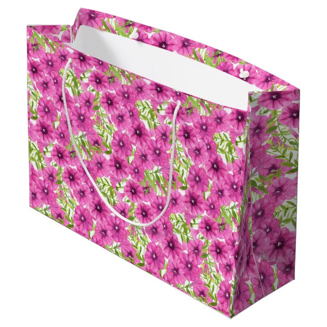 Rosa Wasserfarbenmuster Petunia-Blume Große Geschenktüte (Rückseite Schrägansicht)
