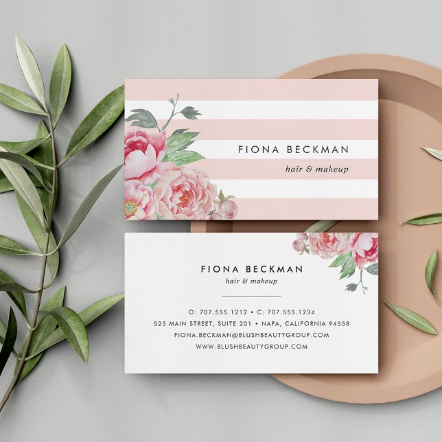 Rosa Wasserfarbenpeony & Blush Streifen Visitenkarte (Von Creator hochgeladen)