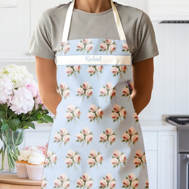 Rosa Wasserfarbenrosen auf blauem Leinen-Textur-Sc Schürze (Pink Roses Blue Apron)