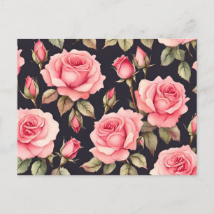 Rosa Wasserfarbenrosen auf schwarzem Hintergrund  Postkarte