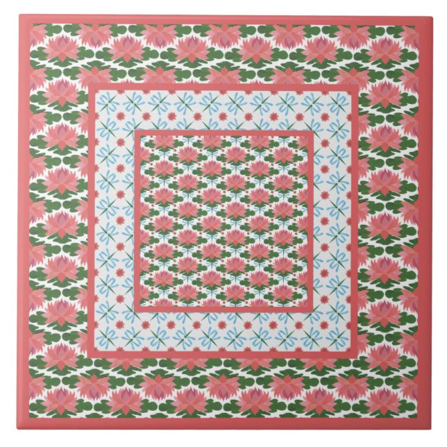 Rosa Wasserlilien, blaue Libellen: Keramik Tile Fliese (Vorderseite)