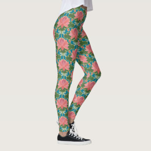 Rosa Wasserlilien und blaue Libellen auf Aquamarin Leggings