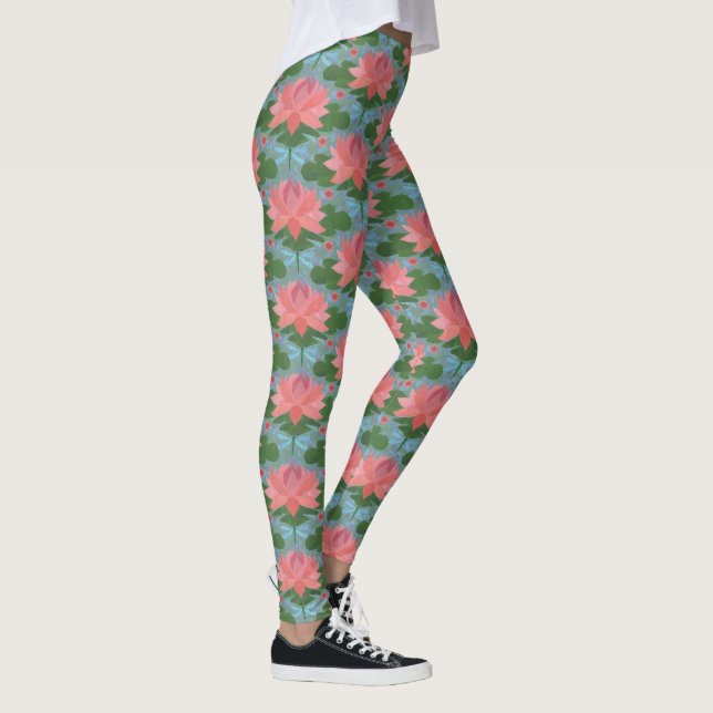Rosa Wasserlilien und blaue Libellen auf blau Leggings (Rechts)