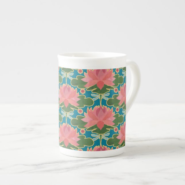 Rosa Wasserlilien und Libellen Knochen-China Tasse (Vorderseite Rechts)