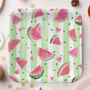 Rosa Wassermelone Niedliche Aquarellfrucht Girl Pappteller
