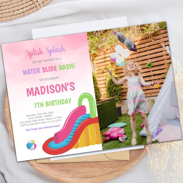 Rosa Wasserrutsche Geburtstagsfeier Einladung mit  (Pink Water Slide Birthday Invitations with photo)