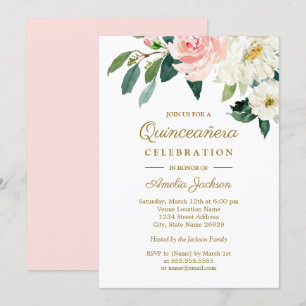 Rosa Watercolor-Blumen-Quinceanera Einladung