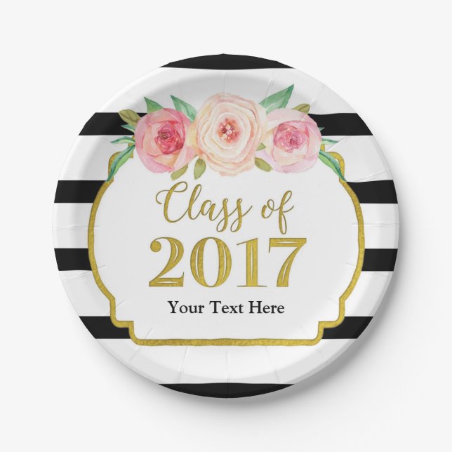 Rosa Watercolor-BlumengoldAbschluss 2017 Pappteller (Vorderseite)