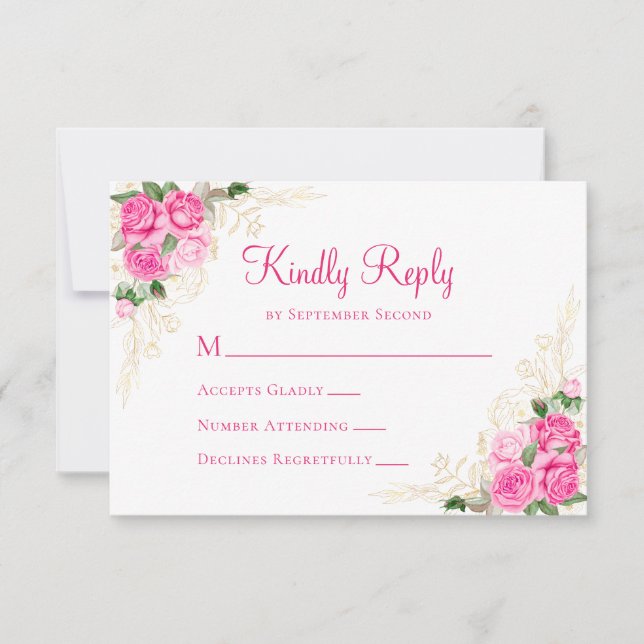 Rosa Watercolor Floral Gold Wedding RSVP Card (Vorderseite)