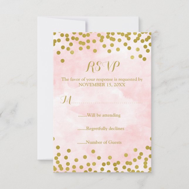 Rosa Watercolor-Goldconfetti-Hochzeit UAWG RSVP Karte (Vorderseite)