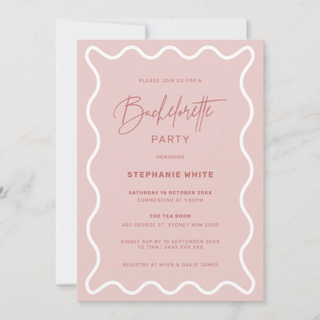 Rosa Wavy Border Junggeselinnen-Abschied Einladung (Vorderseite)