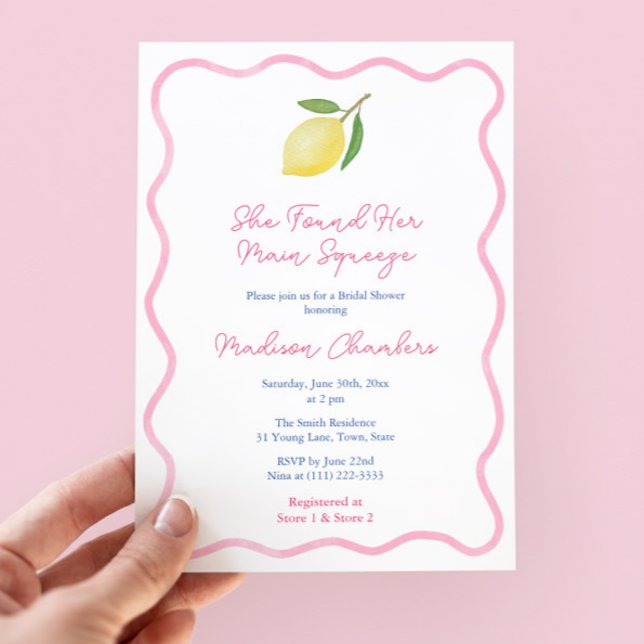Rosa Wavy Border Main Squeeze Lemons Brautparty Einladung (Main Squeeze Lemon Bridal Shower Invitation Design With Pink Wavy Line Border)