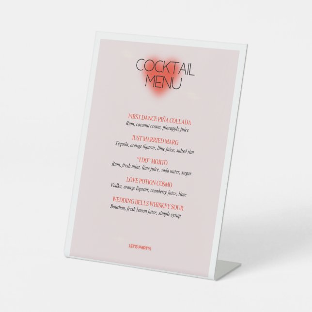 Rosa Wedding Classic Cocktail Menü Sockelschild (Vorderseite)