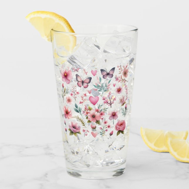 Rosa Weibliche Blume und Schmetterlinge Glas (Vorderseite Ice)