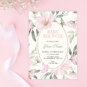 Rosa weiche florale Schmetterling-Baby-Party Einladung