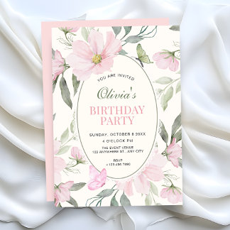 Rosa weicher floraler Schmetterling Geburtstag Einladung
