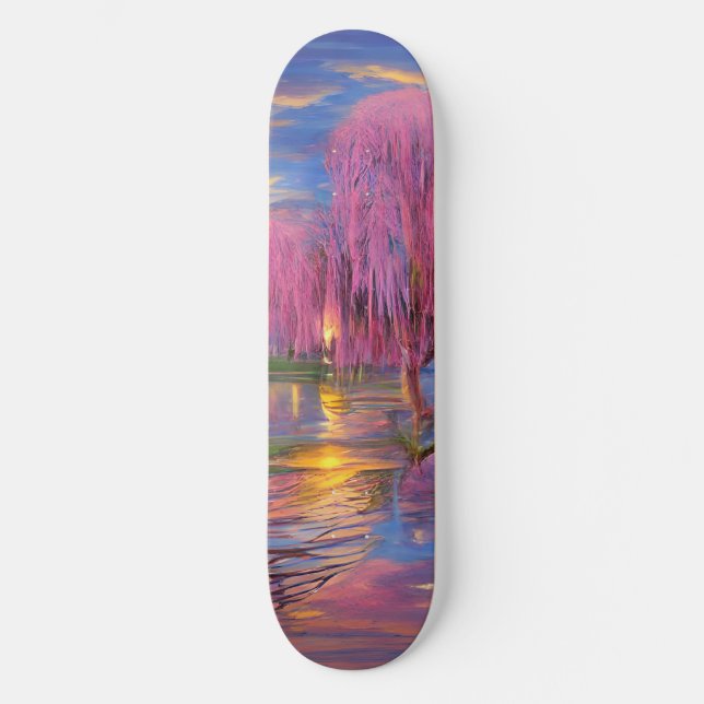 Rosa Weiden bei Sonnenuntergang am Teich Skateboard (Vorderseite)