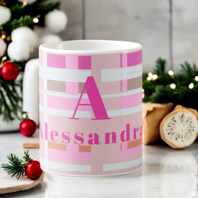 Rosa Weihnachten karierte Monogramm rot weiß Moder Kaffeetasse (Von Creator hochgeladen)