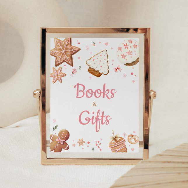 Rosa Weihnachten Keksbücher und Geschenke Poster (Christmas Little Cookie Gingerbread Baby Shower Books and Gifts Sign)