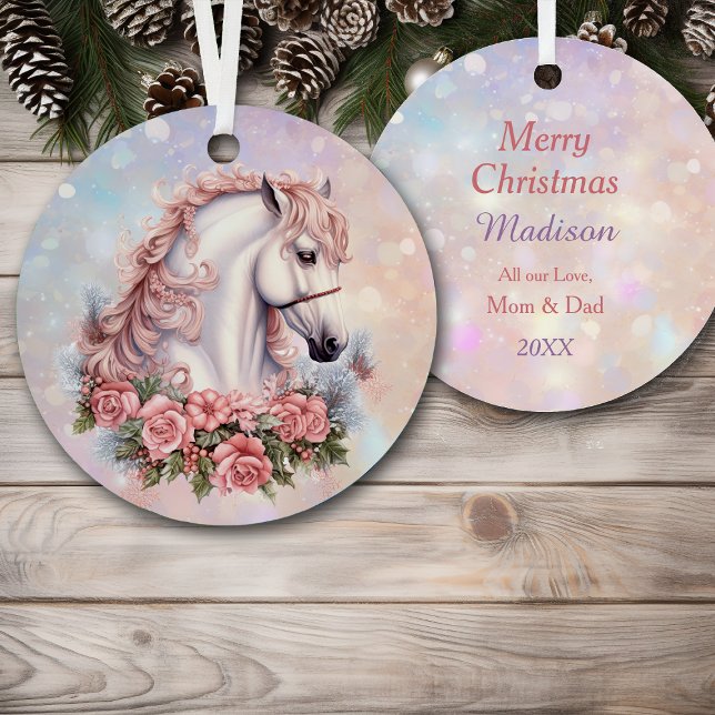 Rosa Weihnachten Rose Bouquet Weißes Pferd Kinder Ornament Aus Metall (Von Creator hochgeladen)