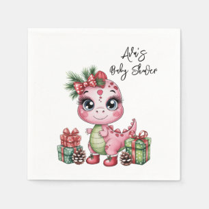 Rosa Weihnachts-Dino-Mädchen-Baby-Party Serviette