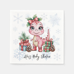 Rosa Weihnachts-Dino-Mädchen-Baby-Party Serviette