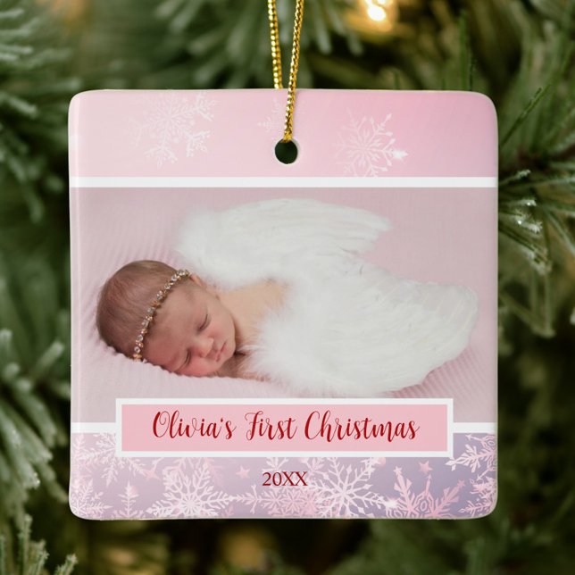 Rosa Weihnachts-Foto Schneeflocke Erste Weihnachts Keramikornament (My First Christmas Snowflake Baby Photo Ornament, Pink Christmas, Winter Wonderland, Elegant, Girly)