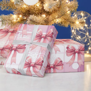 Rosa Weihnachts-Kariert-Schneeflocken-Schleife Coq Geschenkpapier