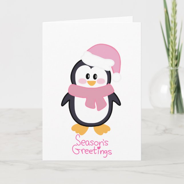 Rosa Weihnachts-Pinguin-Jahreszeit Grüße Karte (Vorderseite)