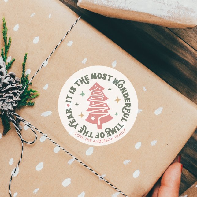 Rosa Weihnachts Retro Runder Aufkleber (Von Creator hochgeladen)