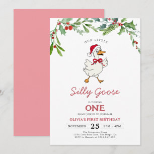 Rosa Weihnachts-Silly-Goose-Beeren 1. Geburtstag Einladung