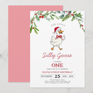 Rosa Weihnachts-Silly-Goose-Beeren 1. Geburtstag Einladung