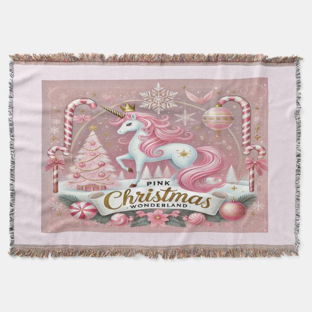 Rosa Weihnachts-Wunderland-Einhorn  Decke (Vorderseite)