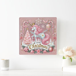 Rosa Weihnachts-Wunderland-Einhorn Quadratische Wanduhr