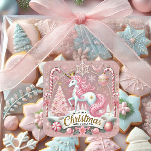 Rosa Weihnachts-Wunderland-Einhorn Quadratischer Aufkleber