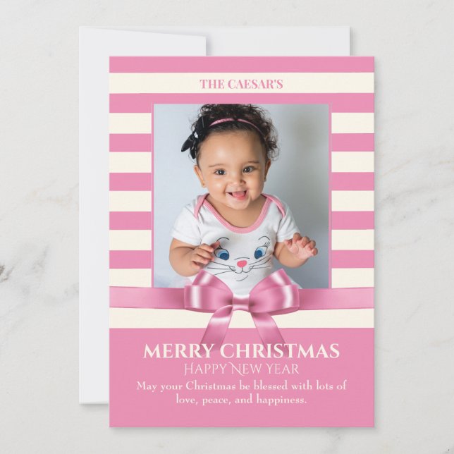 Rosa Weihnachtsbänder Foto Feiertagskarte (Vorderseite)