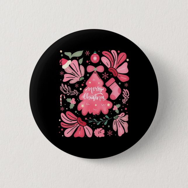 Rosa Weihnachtsbaum fröhlich und hell Weihnachten  Button (Vorderseite)